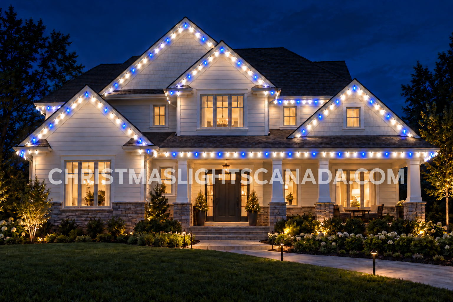 Traditional home with bright pure-white and blue C9 U-filament roofline lights