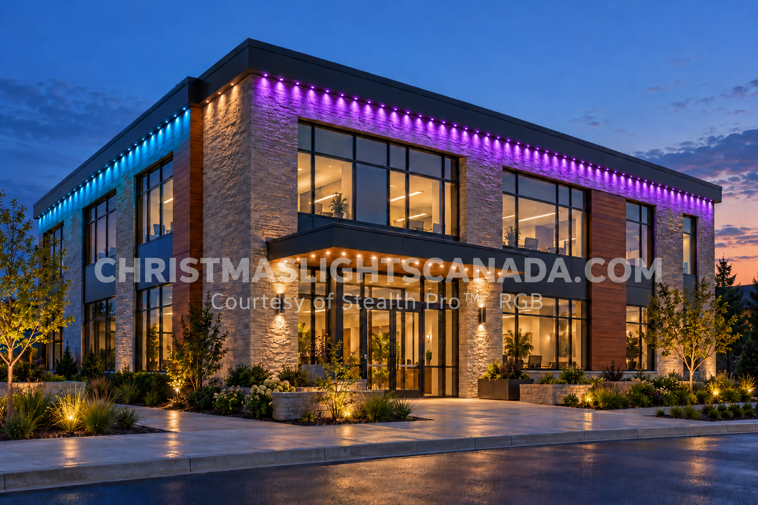 Illustrative commercial building with cyan, violet and warm-white permanent roofline lighting