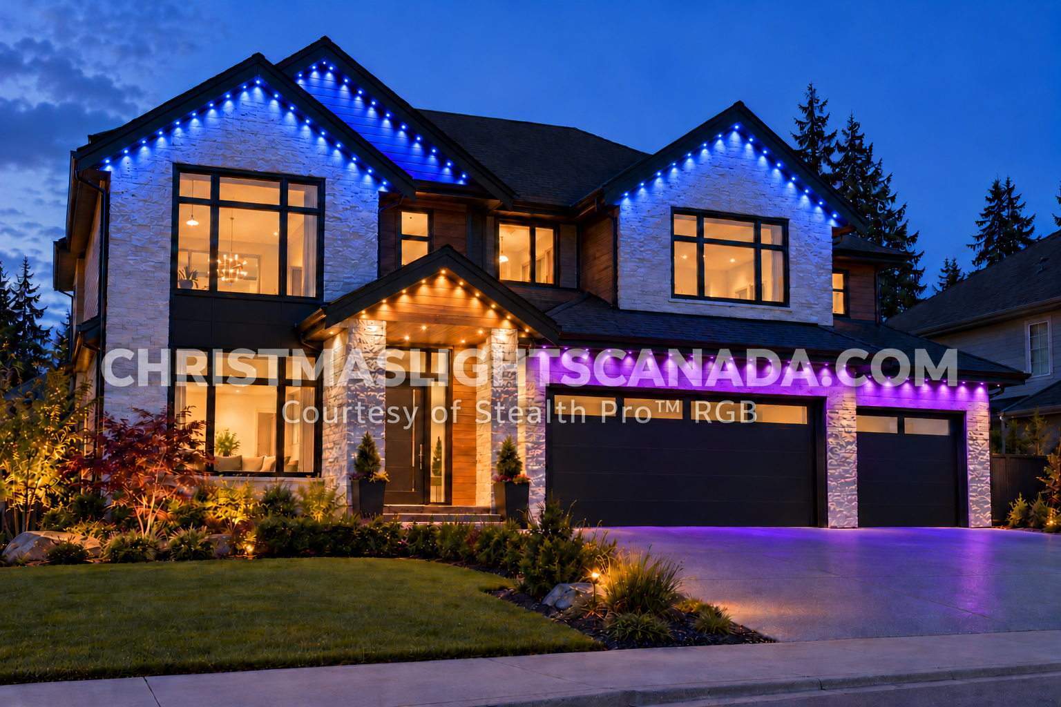Illustrative home with blue, violet and warm-white permanent roofline lighting