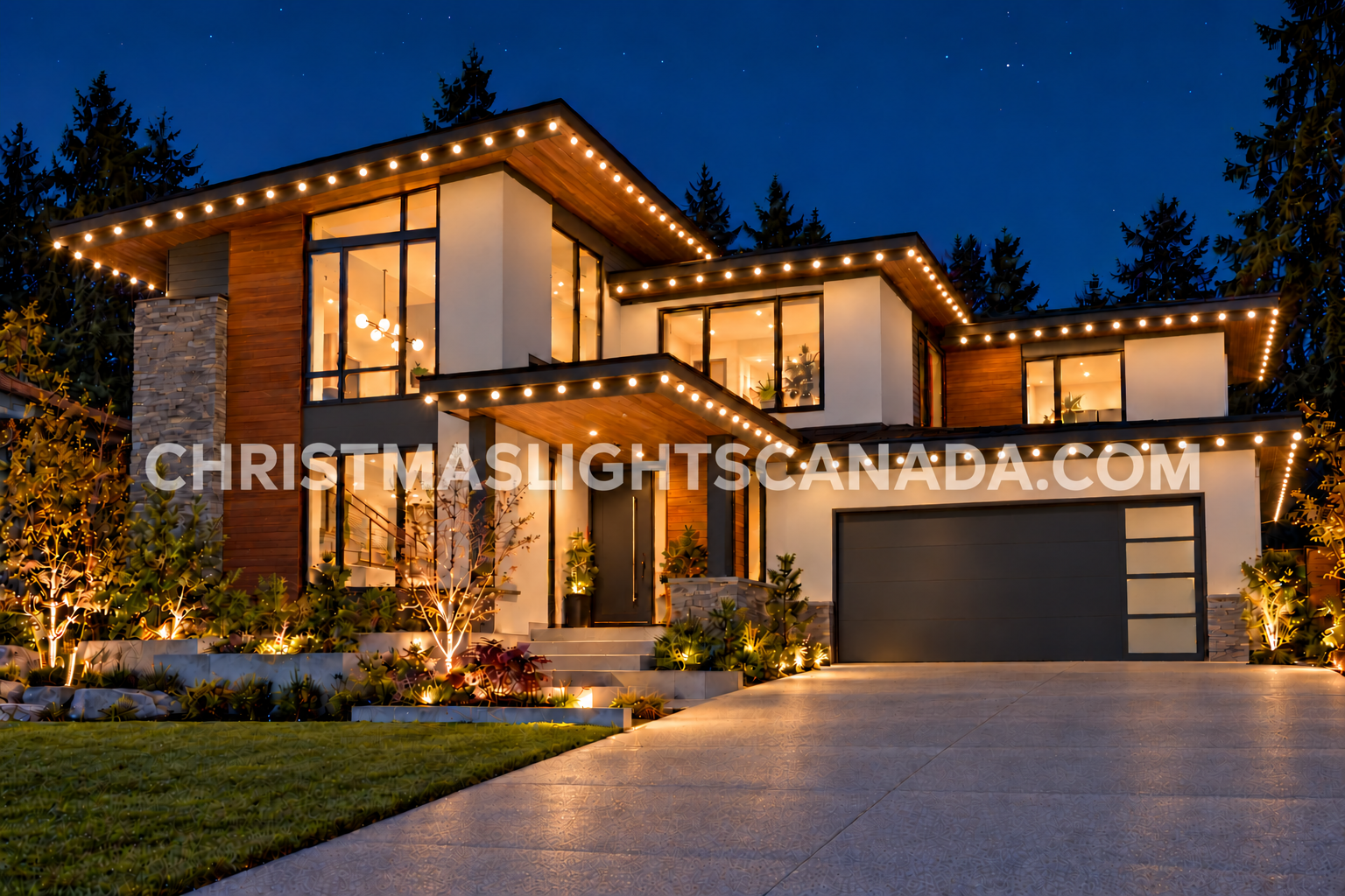 Modern home illuminated at night with soft-white G30 globe bulbs along the roofline