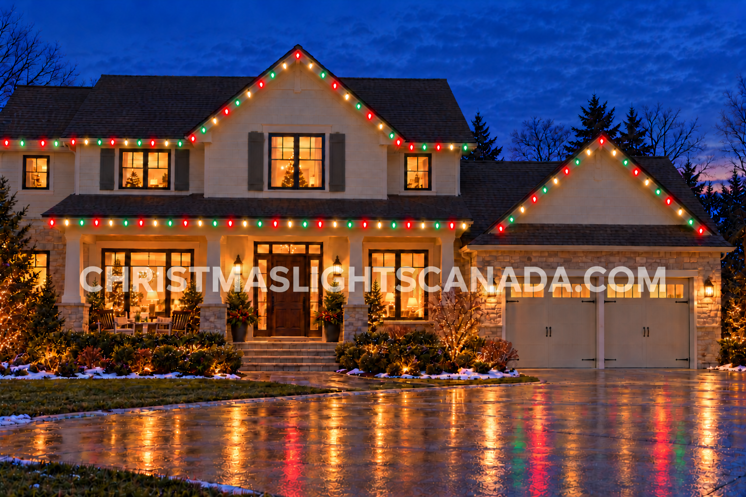 Traditional home illuminated with red, warm-white and green C9 Christmas lights