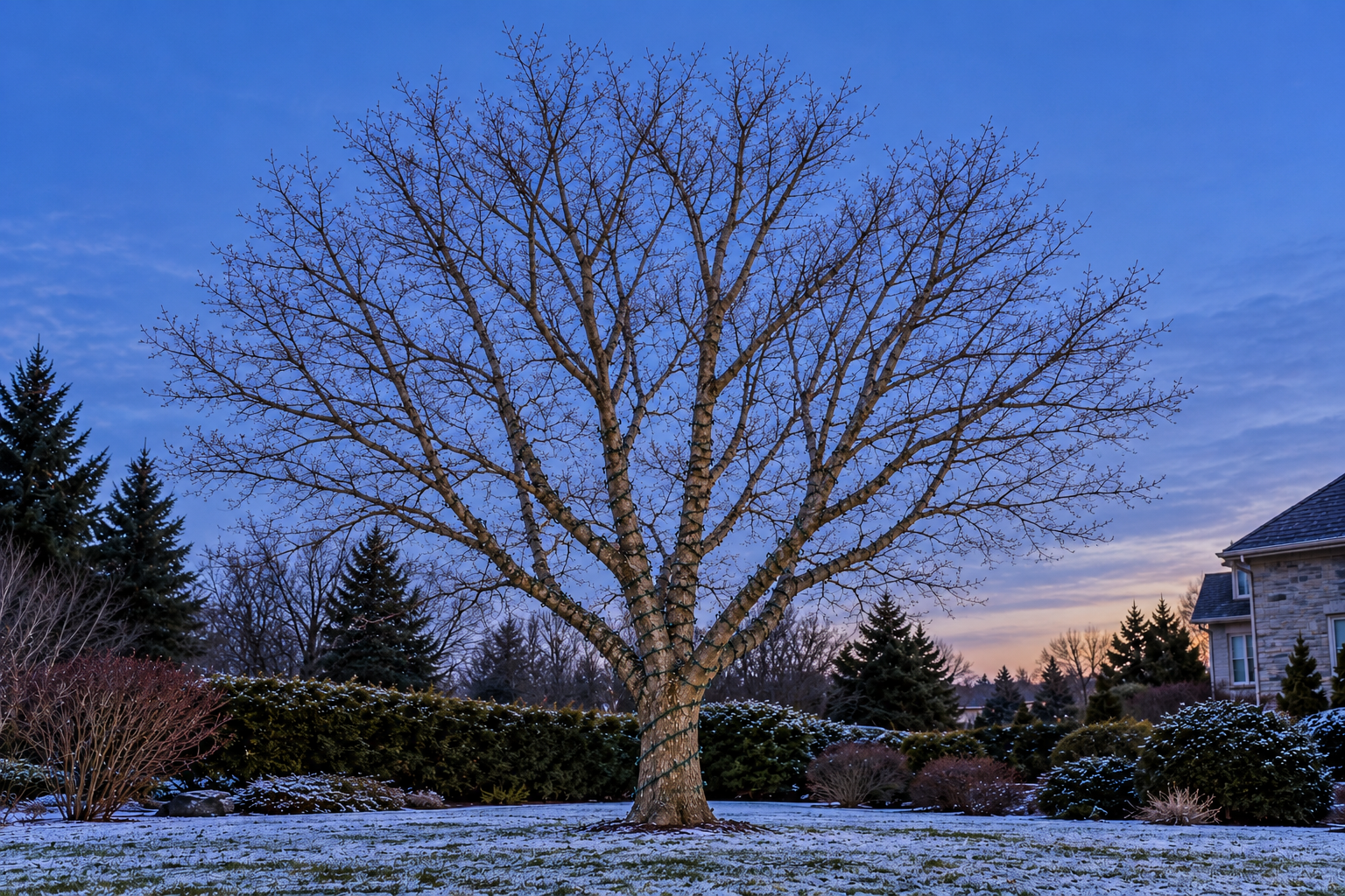 A leafless tree at dusk with its trunk and branch mini lights switched off