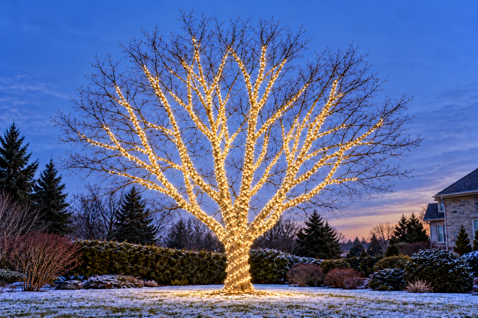 The same tree illuminated with warm-white mini lights wrapped around the trunk and branches